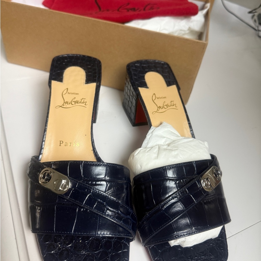 Christian Louboutin BLUE Croc-Embossed Mules with Gold Accent